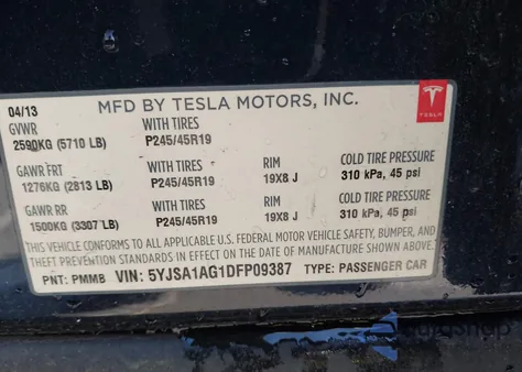 2013 Tesla Model S from USA, damaged, VIN 5YJSA1AG1DFP09387